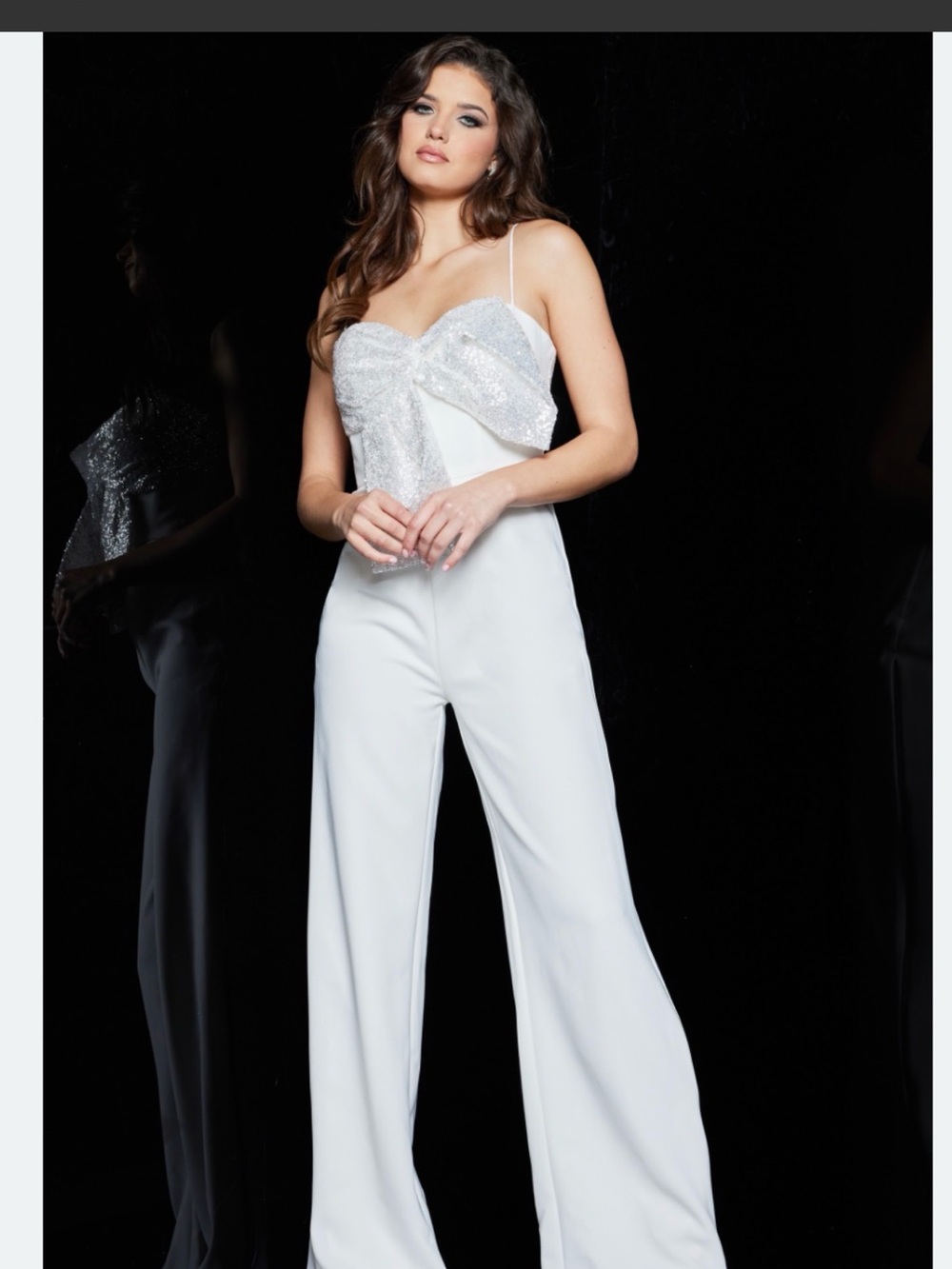 Jovani White Sequin Bow Strap Wide-Leg Jumpsuit